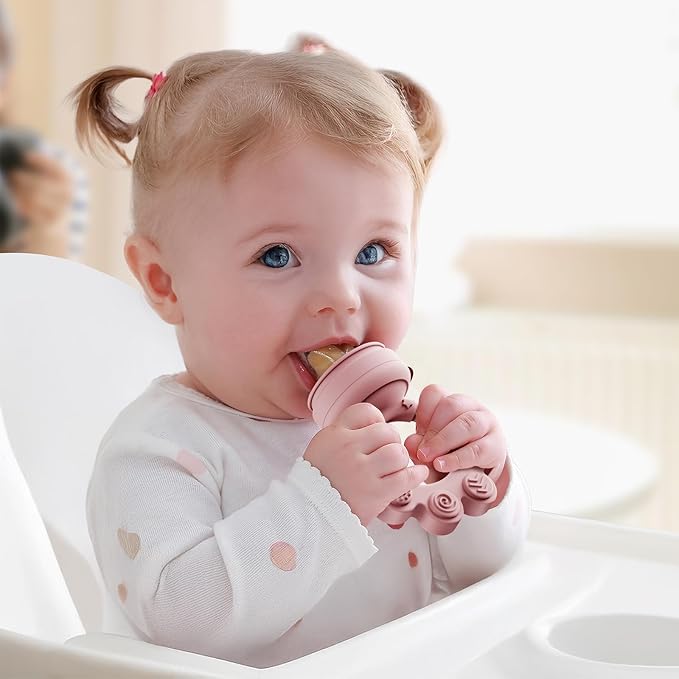2 Pack Baby Fruit Food Feeder+Breastmilk Popsicle Molds,Baby Teethers,BPA Free,2mm Fine Holes to Prevent Choking,Perfect for Teething Relief & Infant Solid Food Introduction,3M+（Mauve Pink, Soft Pink）