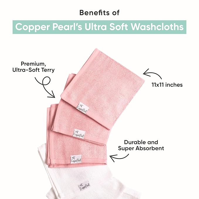 Copper Pearl 6 Ultra Soft Baby Bath Washcloths Premium Large Soft Wade 11" x 11" Towels