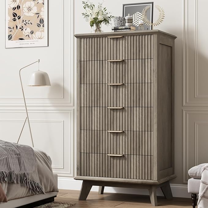 QUW Fluted 6 Drawer Dresser for Bedroom, Modern Tall Chest of Drawers with Metal Handle, Large Wood Storage Chest Organizer Accent Storage Cabinet for Living Room, Hallway, Entryway, Gray