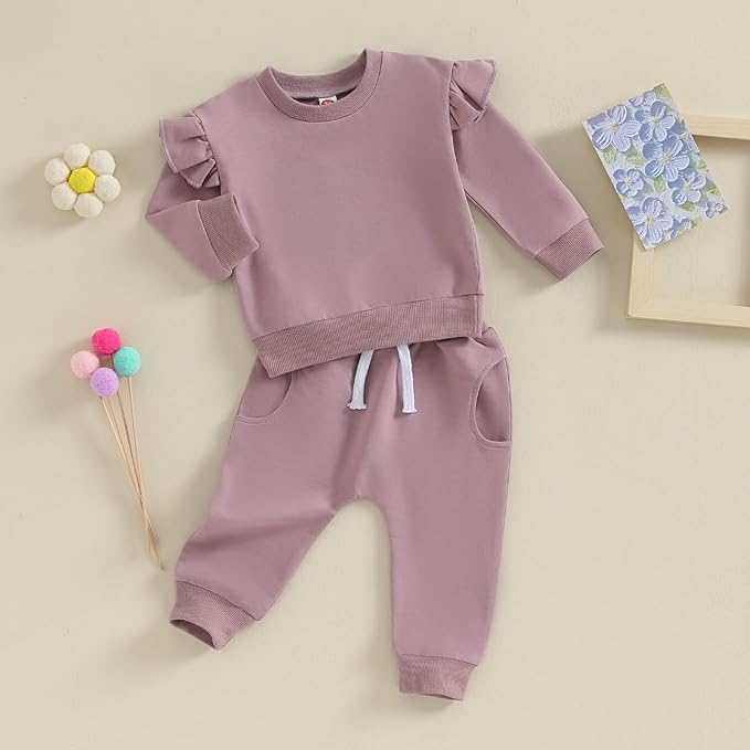 Fernvia Toddler Baby Girl Clothes 3 6 9 12 18 24 Months Fall Outfits Solid Long Sleeve Sweatshirt Tops + Pants Set