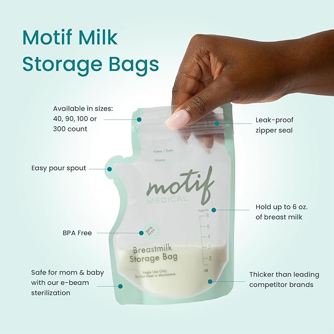 Motif Medical Breastmilk Storage Bags - Freezer Bag w/Easy Pour Spout, Write-On Label - Leak-Proof Double Zipper Milk Bags for Breastmilk - Ideal Breastfeeding Mom Gifts (6 oz, 90 Count)