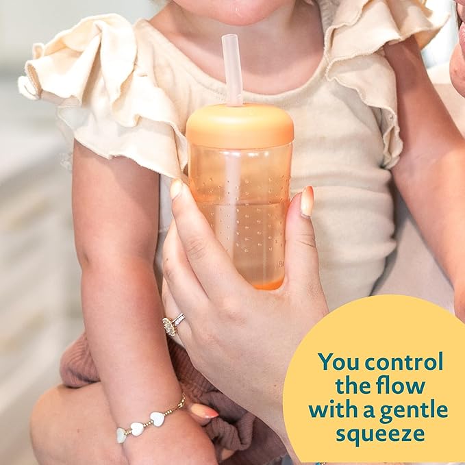 The First Years Squeeze & Sip Toddler Straw Cups - Squeezable Transition Sippy Cup with Silicone Straw - Toddler Feeding Supplies - Yellow/Pink/Orange - 7 Oz - 3 Count - Ages 6 Months and Up