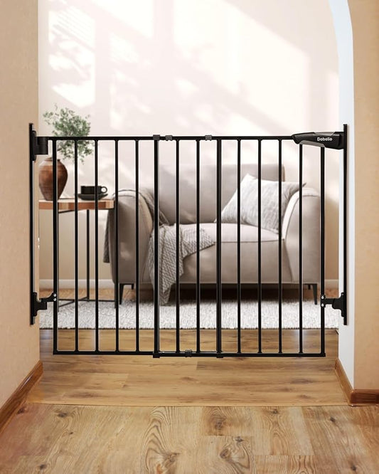 Babelio 27-45" No Bottom Bar Baby/Dog Gate with Easy Installation, 2-in-1 Auto Close Design, Suitable for The House, Stairs, and Doorways, Safety Pet Gates with Large Walk-Thru Door, Black