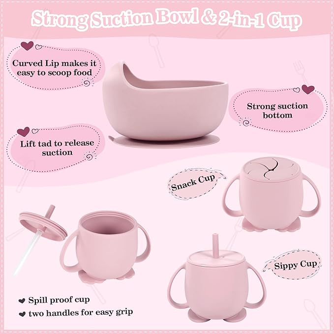 Silicone Baby Feeding Set 10 Pcs Baby Led Weaning Supplies Suction Bowl Divided Plate Baby Bibs Fruit feeder Pacifier Baby Spoons Forks Sippy Cup Utensil Sets Baby Essentials for Newborn Gift Pink