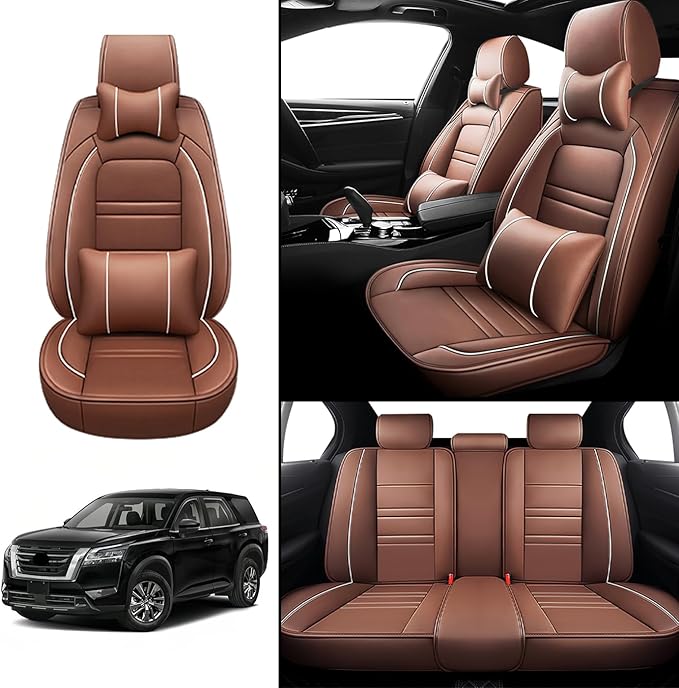Car Seat Covers for Nissan Car Pathfinder 2000-2025 | 5-Seats Seat Covers, Waterproof Seat Protectors, Automotive Seat Covers (Full Set with Pillow,Coffee)