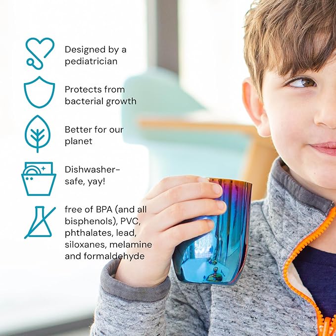 Ahimsa Stainless Steel Kids Cups - Pediatrician Designed Toddler Cup for Open Cup Training, 8oz, 100% BPA Free & Dishwasher Safe (Set of 4 Iridescent Blue Cups)