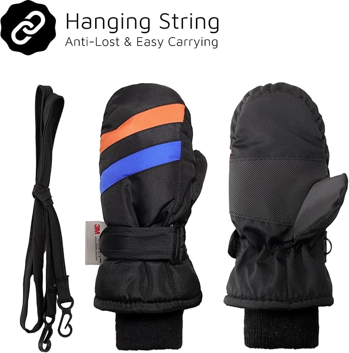 F Flammi Toddler Kids Snow Mittens with String Waterproof Ski Mittens Thinsulate Winter Gloves for Baby Girls Boys