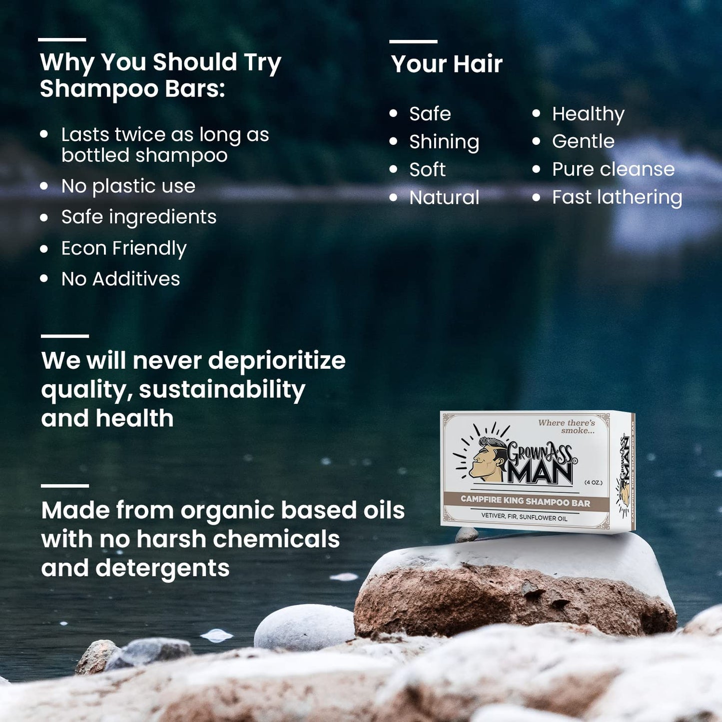 Solid Shampoo Bar Rich Lather 3 in 1: Hair, Beard & Body Wash - Plastic Free & Eco-Friendly, Natural & Organic Clean for All Hair Types, 4oz Bar (Campfire King, Single)