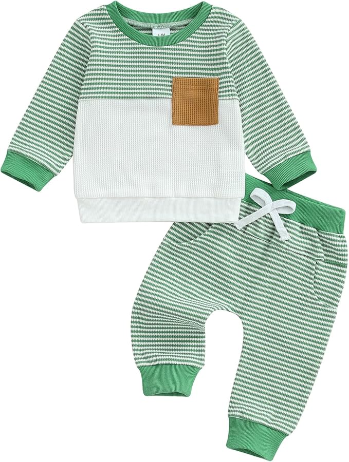 Toddler Baby Boy Fall Clothes Waffle Outfit Long Sleeve Color Blocking Sweatshirt Pullover Jogger Pant Set
