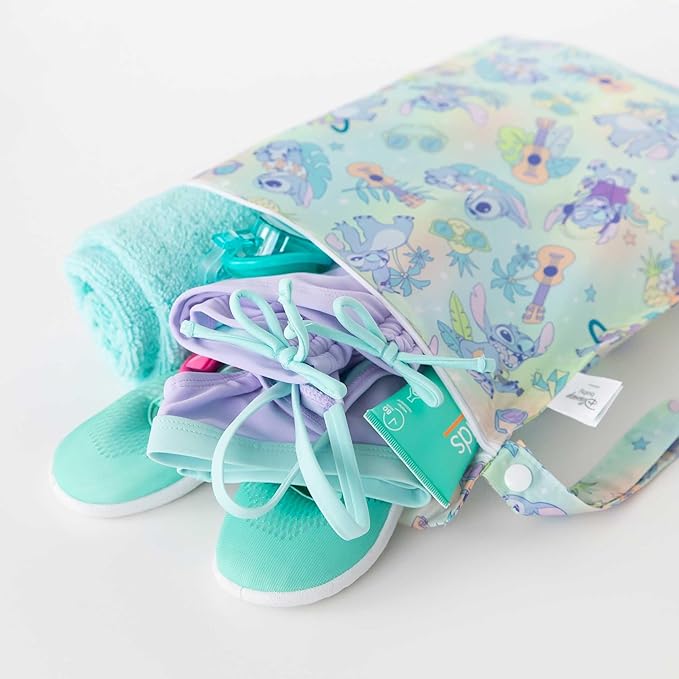 Bumkins - Waterproof Wet Bag & Clear Travel Bags - For Beach, Baby, Travel, Swim Suit, Cloth Diapers, Pump Parts, Pool, Gym, Toiletries - Reusable & Easy to Clean - Disney Stitch - 4 Pack