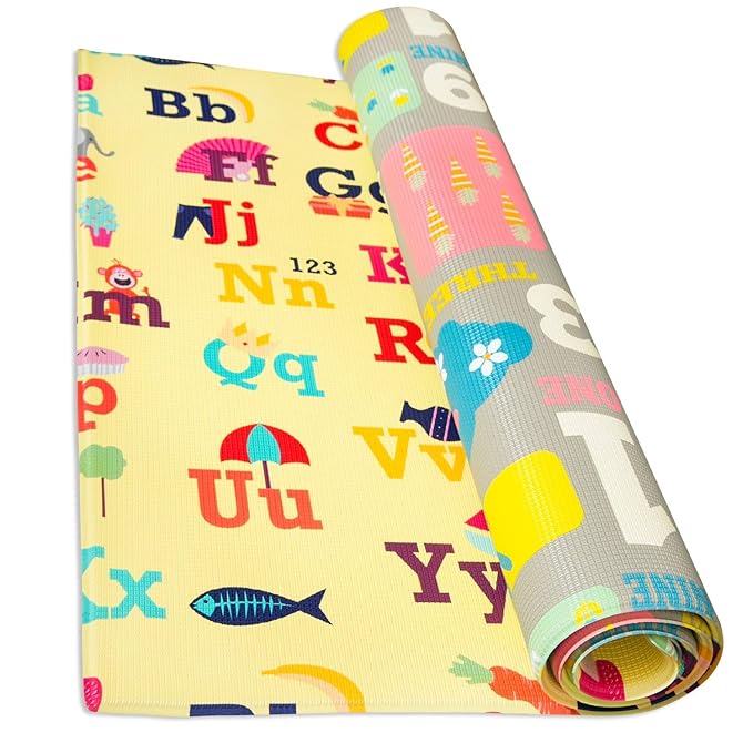 Baby Care Play Mat (Large, Playful - Letters and Numbers) 82'' x 55'' Original One-Piece Reversible Rollable Waterproof Play Mat for Infants, Babies, Toddler, and Kids