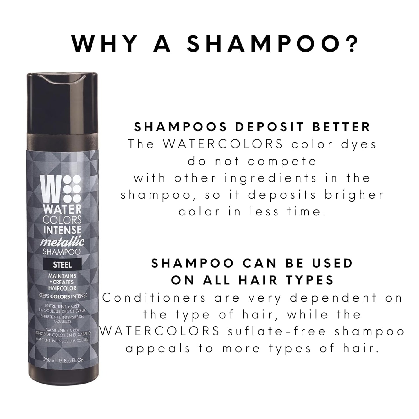 Watercolors INTENSE METALLIC Semi Permanet Color Depositing Shampoo-Sulfate & Paraben Free to Maintain & Enhance Hair Color 8 fl oz - STEEL