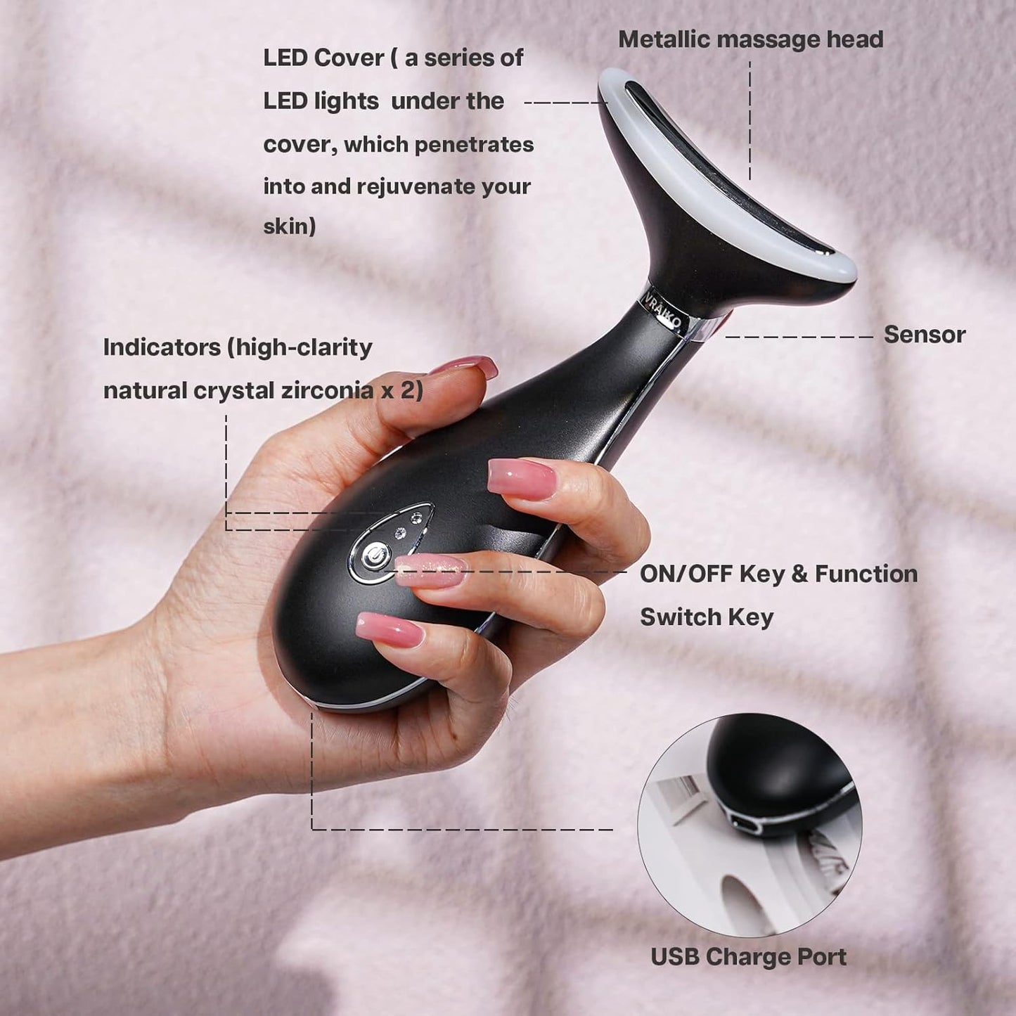 Lily Neck Face Massager, Face Sculpting Tool, Skin Rejuvenation Device with Thermal, Triple Action LED and Vibration, for Anti-Aging, Lifting and Tightening Sagging Skin (Frosted Black)