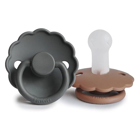 FRIGG Daisy SilkySoft Silicone Baby Pacifier | Made in Denmark | BPA-Free (Graphite/Peach Bronze, 6-18 Months)