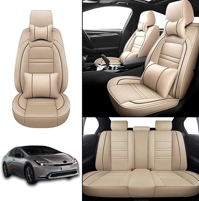Car Seat Covers for Toyota Prius 2001-2025 | 5-Seats Seat Covers, Waterproof Seat Protectors, Automotive Seat Covers (Full Set with Pillow,Beige)