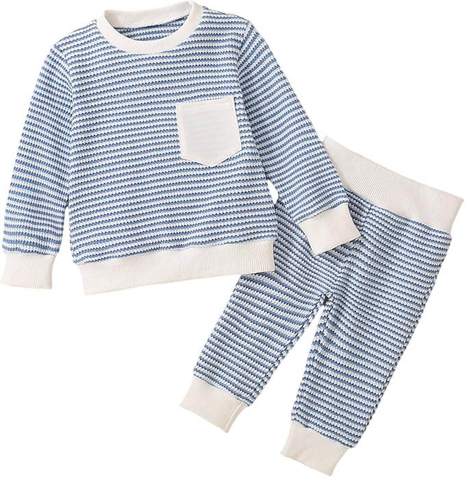 Toddler Baby Boy Fall Clothes Waffle Outfit Long Sleeve Color Blocking Sweatshirt Pullover Jogger Pant Set
