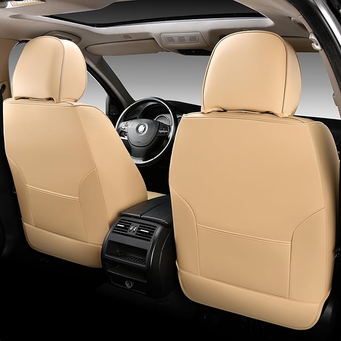 Doogo Front Seat Covers, Leather Car Seat Covers 2-Pack, Waterproof Universal Car Seat Cushions Protectors, Auto Driver Seat Covers Fit for Most Cars Trucks SUV-Beige