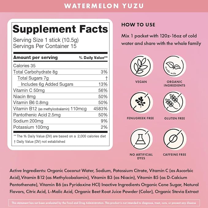 Boobie Hydromom Superfood Electrolyte Drink Mix, Watermelon Yuzu | Refreshing Energy & Hydration Boost for Mamas | On-The-Go & Travel Essentials for Pregnancy, Lactation, & Beyond, 15 Packets