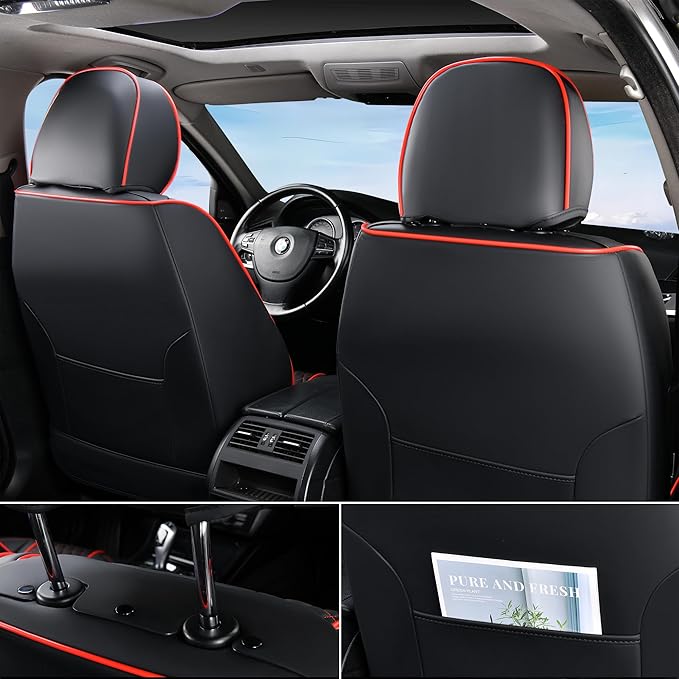 Doogo SeatCovers Full Set, Leather SeatCovers, Waterproof 5 Seats Black and Red Driver SeatCovers, Car Seat Protector Accessories Fit for Most Vehicles