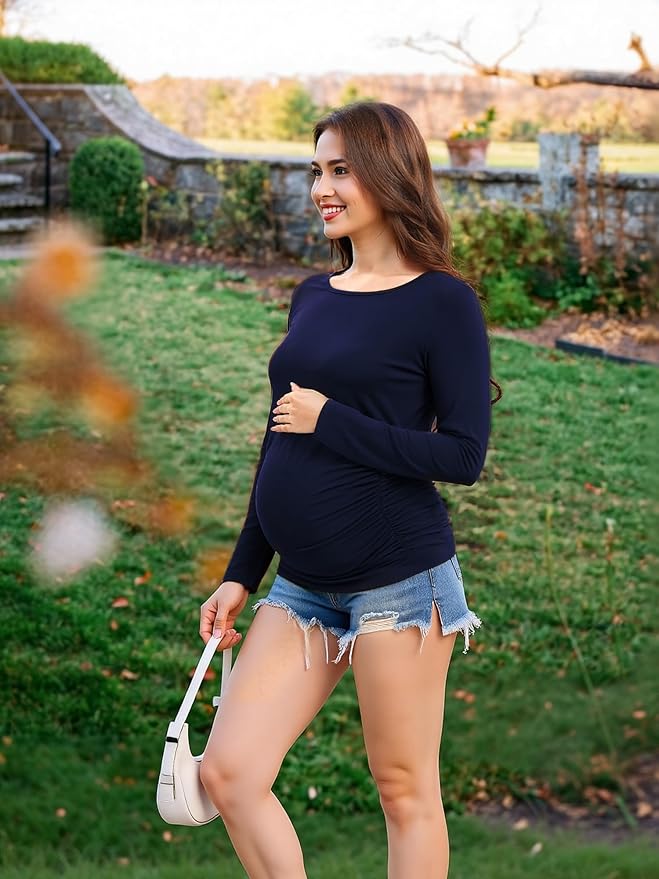 Maternity Shirts Long Sleeve Pregnancy Top for Women with Crew Neck Casual Tee Shirts