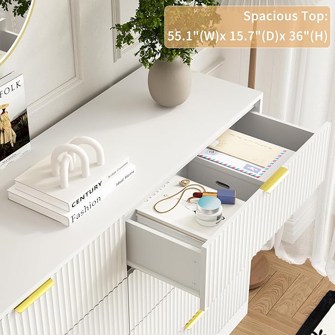 8 Drawer Dresser for Bedroom, Modern Fluted Double Dresser, 55" Wide Chest of Dressers, Wooden Beside Table for Closet, Living Room and Entryway, White