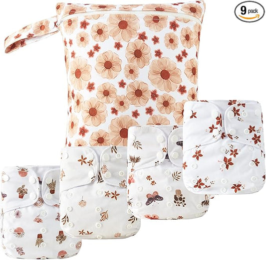 HappyFlute 9 Sets Newborn Baby Cloth Pocket Diapers One Size Adjustable Reusable for Baby Boys and Girls(6-33 pounds,0-3 Years),One Wet Bag+4Diapers and 4Inserts