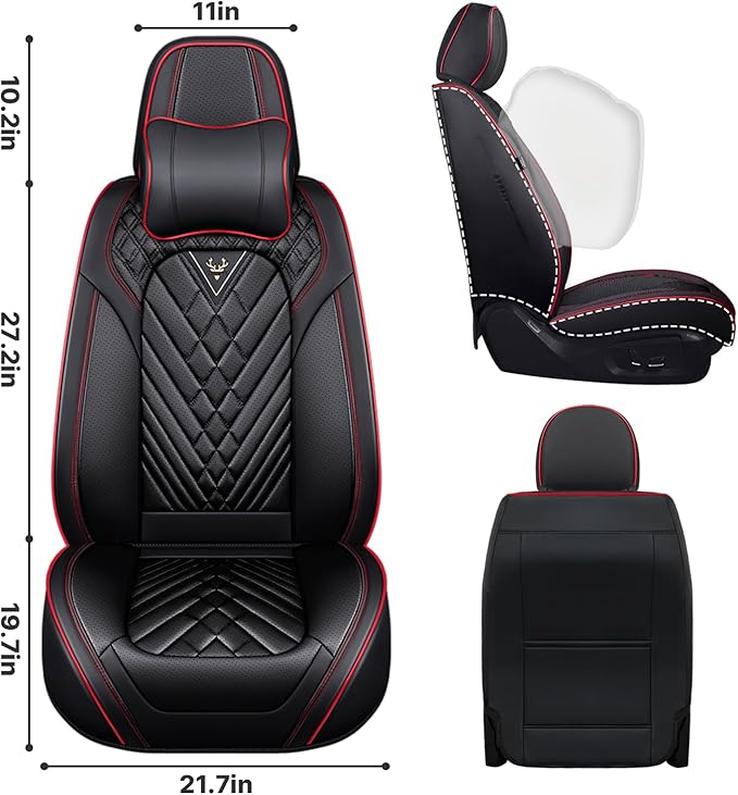Universal Leather Seat Cover for Cars - Front and Rear Auto Protector, Wear-Resistant Cushion for 5 Seats With Headrest (Black & Red)