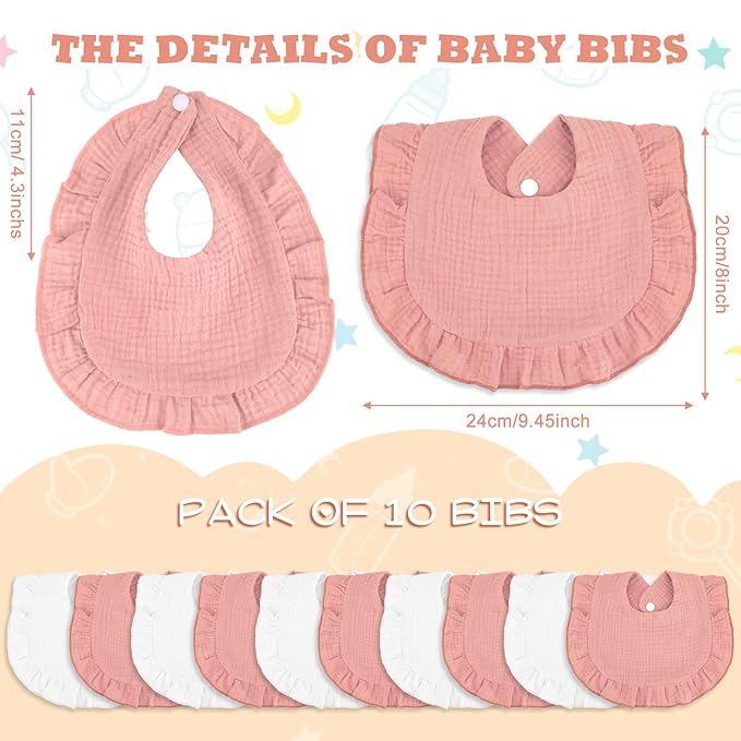 Seematn 10 Pcs Baby Muslin Bibs Drool Bibs Bandana Ruffle Soft Cotton for Newborn Baby Infants Girl Teething Toddlers Boy(Pink, White)
