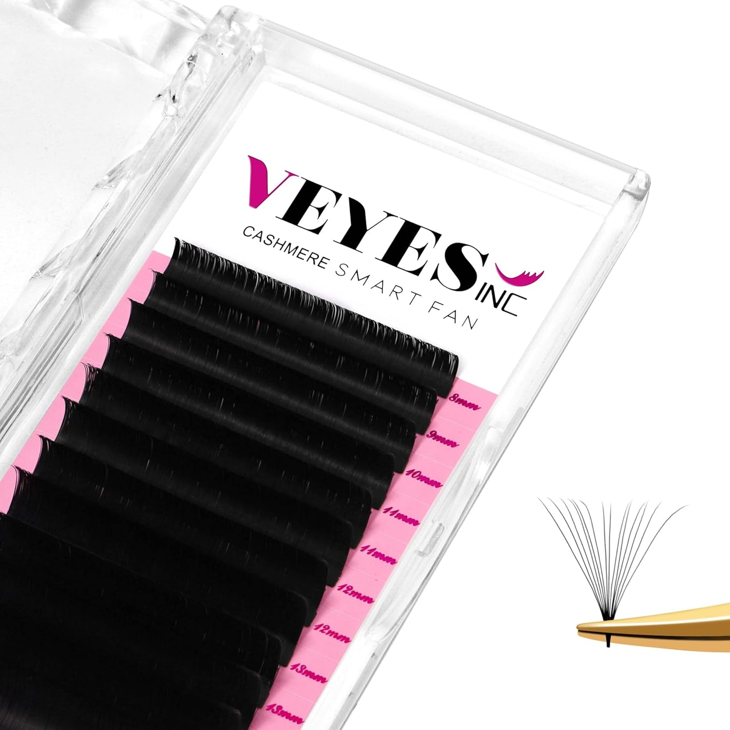 VEYES INC Cashmere Smart Fan Lash Extensions 0.03 0.05 0.07 C/CC/D Curl 8-20mm Mixed & Single Length, Super Matte Black Volume Lashes, Professional Supplies for Lash Techs (0.03 CC 10mm)