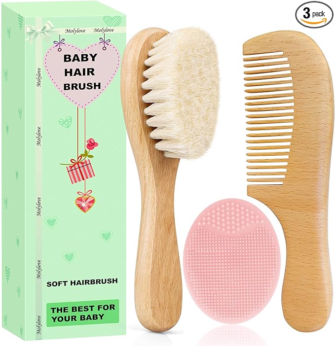 3PCS Baby Hair Brush with Wooden Handle and Comb Set for Newborns & Toddlers | Natural Soft Goat Bristles l Wood Comb l Pink Silicone Brush| Ideal for Cradle Cap