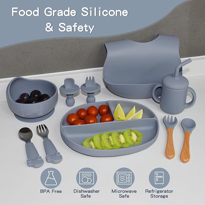 Silicone Baby Feeding Set - 10PCS Suction Baby Bowl and Divided Toddler Plates Adjustable Bib Cup Spoons Forks -Baby Led Weaning Supplies, Baby Utensils Eating Essential Set for 6+ Months