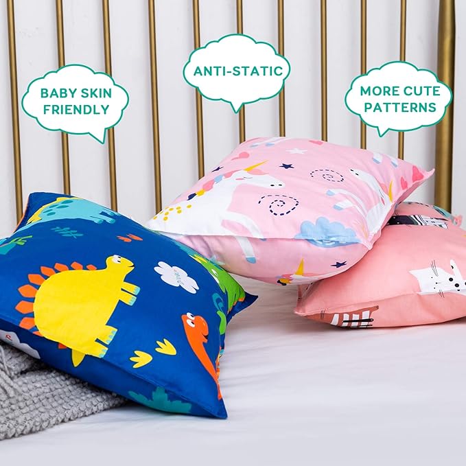 Cottonblue Kids Toddler Pillows with Pillowcases 14x19, 2 Pack Toddler Pillows with 2 100% Organic Cotton Covers, [2-Set] Kids Pillow Set for Preschool, Machine Washable, Pink Unicorn
