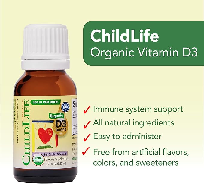 CHILDLIFE Essentials Organic Vitamin D3 Drops for Infants & Newborns - Baby Vitamin D Drops, 400 IU per Liquid Drop, Immune & Bone Health Support, USDA Organic, Flavorless - 0.21 Fl Oz (1 Pack)