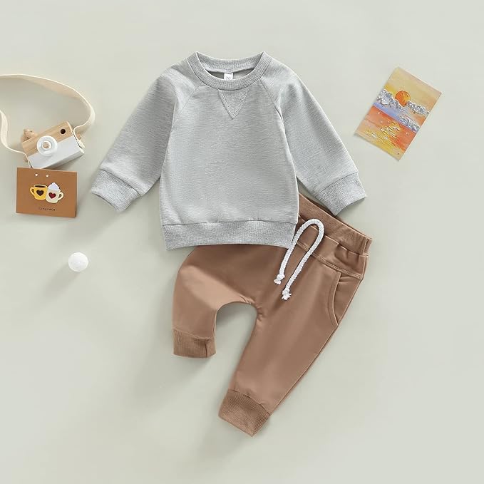 Toddler Baby Boy Clothes Solid Color Long Sleeve Crewneck Sweatshirt Top Casual Pants Set 2Pcs Fall Winter Outfits