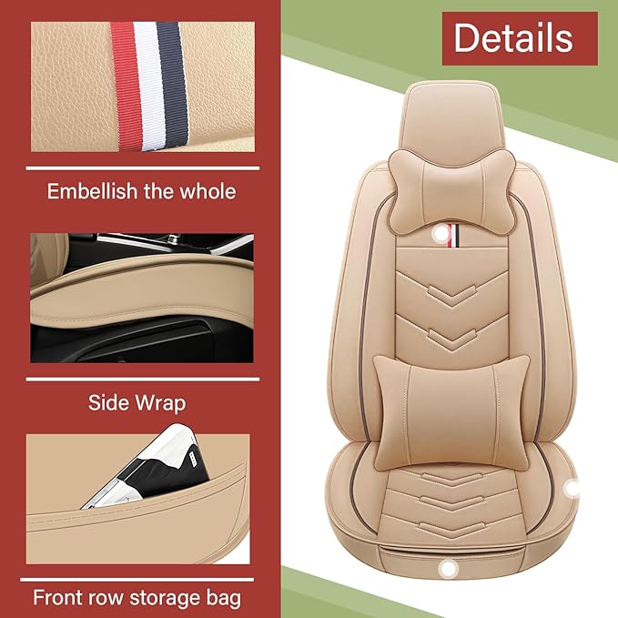 Leather Car Seat Covers Fit for LR Range Rover Evoque 2019-2025, 5 Seater Waterproof and Wear-Resistant Seat Cover Interior Accessories(Full Set with Pillow,Beige)
