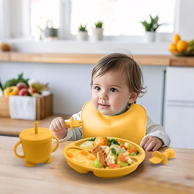 Baby Led Weaning Supplies, 17 Piece BPA-Free Silicone Feeding Set, Eating Essentials Baby Utensils with Suction Plate and Bowl, Pocket Bib, Sippy Cup with Lid, for 6+ Months, Yellow