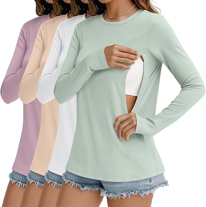 4 Pack Women's Nursing Breastfeeding Tops, Long Sleeve Maternity Shirts Loose Fit Hidden Zipper Pregnancy Clothes