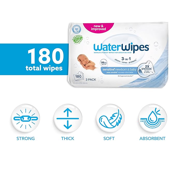 WaterWipes Sensitive+ Newborn & Baby Wipes, 3-In-1 Cleans, Cares, Protects, 99.9% Water, Unscented & Hypoallergenic, 180 Count (3 Packs)