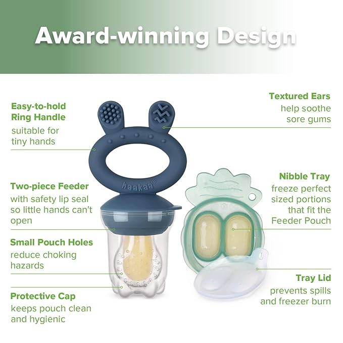 Haakaa Baby Fruit Food Feeder & Mini Freezer Nibble Tray Combo, Breastmilk Popsicle Molds for Baby Cooling Relief, BPA Free Silicone Feeder for Safe Infant Self Feeding, 4 Month+ (Steel Blue)