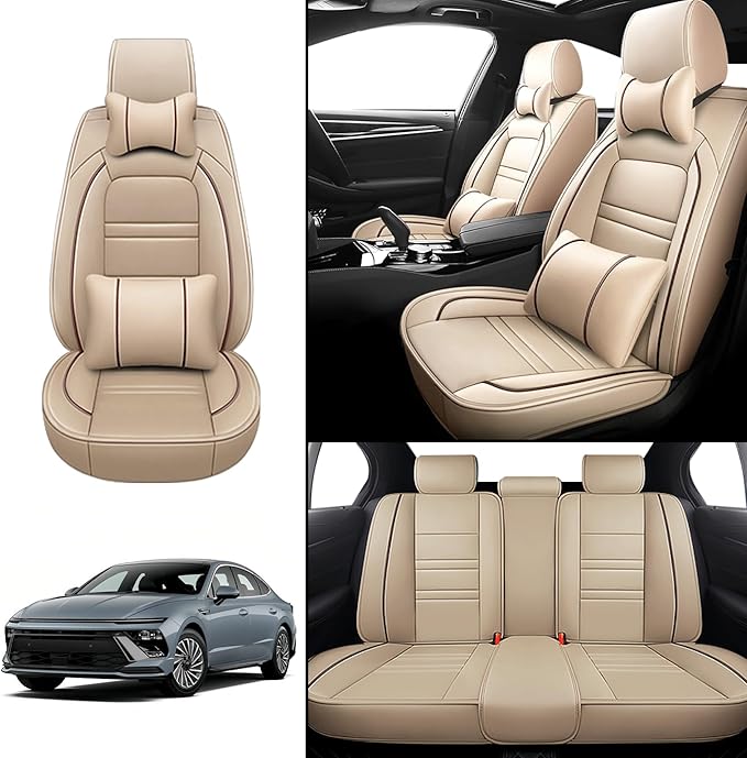 Car Seat Covers for Hyundai Car Sonata 2002-2025 | 5-Seats Seat Covers, Waterproof Seat Protectors, Automotive Seat Covers (Full Set with Pillow,Beige)