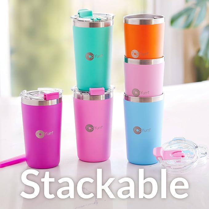 PopYum 13oz Insulated Stainless Steel Kids’ Cups with Lid and Straw, 2-Pack, Green, Pink, stackable, sippy, baby, child, toddler, tumbler, double wall, vacuum, leak proof