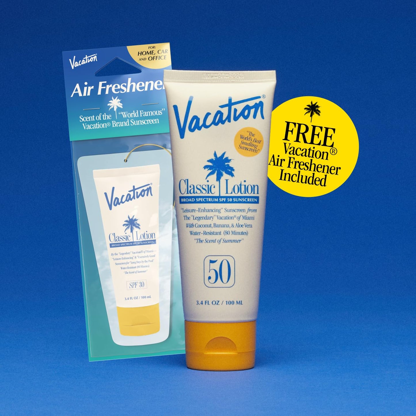 Vacation Classic Sunscreen Lotion SPF 50 & Air Freshener Bundle, Water-Resistant, Lightweight, Transparent on All Skin Tones, Dermatologist-Tested, Vegan, Travel Size, 3.4 Fl. Oz.
