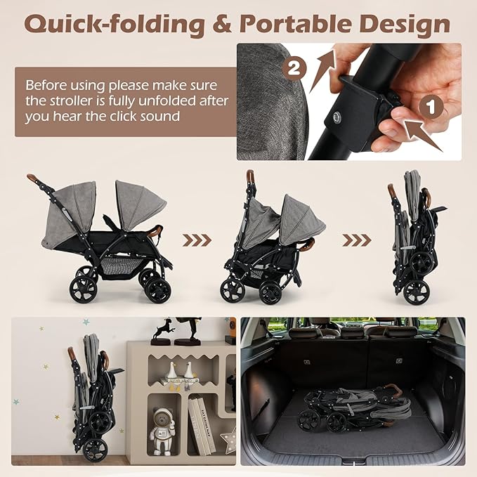 INFANS Double Stroller, Foldable Baby Tandem Stroller with Djustable Backrest Canopy Footrest, 5-Point Harness, Storage Basket, Convertible Compact Twin Stroller for Infants and Toddlers (Light Grey)