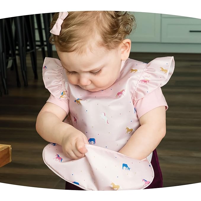Tiny Twinkle Short Sleeve Apron Baby & Toddler Bib for Girls – Waterproof, Mess-Proof Bibs for Eating & Feeding, Machine Washable,Perfect Holiday Gift (Unicorn Confetti, 6–24M)