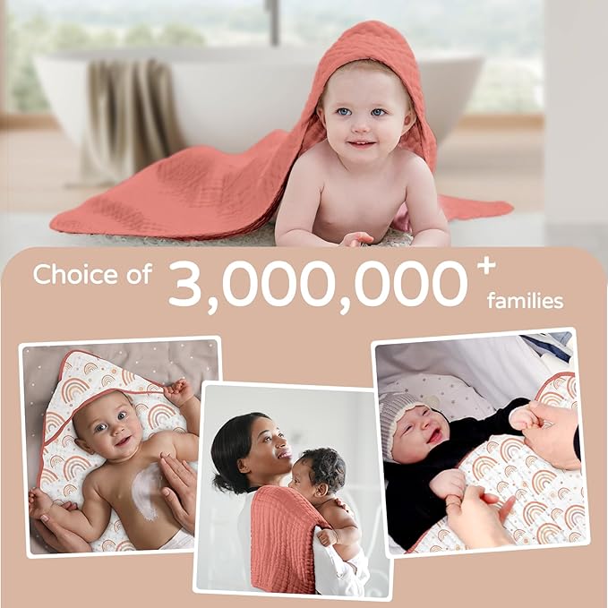 Yoofoss Hooded Baby Towels for Newborn 2 Pack 100% Muslin Organic Cotton Baby Bath Towel with Hood for Babies, Infant, Toddler and Kids, 32x32Inch, Soft and Absorbent Newborn Essential,Pink Rainbow