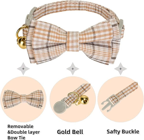 2 Pack Cotton Cat Collar, Removable Bowtie, Plaid Pattern, Safety Breakaway - Image 2