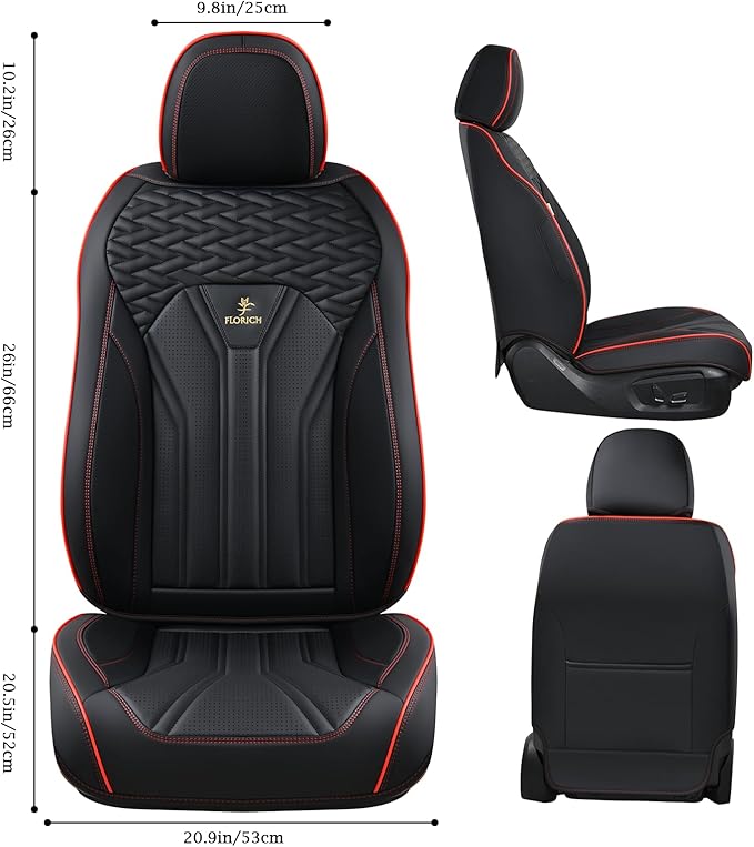 FLORICH Seat Covers for Cars, Waterproof Seat Covers, Leather Car Seat Covers 2 Pack, Universal Seat Cushion Protector for Most Cars Trucks SUV-Black&Red Line