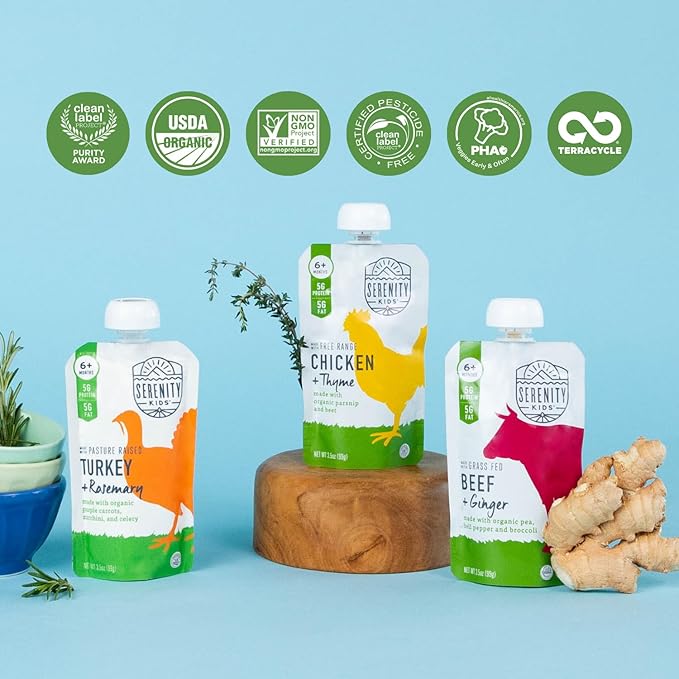 Serenity Kids 6+ Months Baby Food Pouches Puree Made With Ethically Sourced Meats & Organic Veggies | 3.5 Ounce BPA-Free Pouch | Grass Fed Beef & Ginger, Pea, Bell Pepper, Broccoli | 1 Count