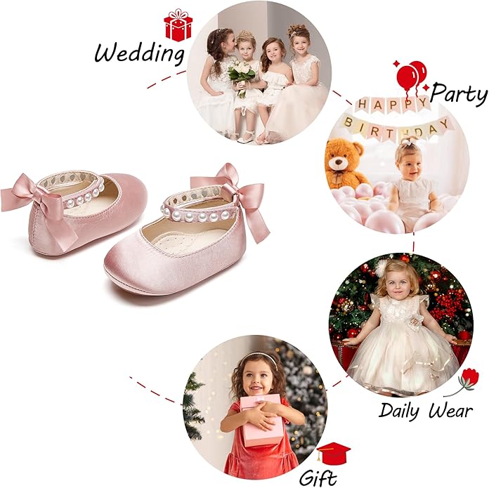 Baby Girls Mary Jane Flats - Infant Newborn Walking Shoes Soft Rubber Sole Princess Wedding