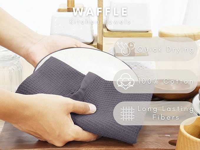PurpleEssences Waffle Weave Kitchen Towel, 100% Cotton - 15 x 25 Inches, with Hanging Loop Ultra Soft Absorbent Quick Drying Dish Cloth, Tea and Hand Towels, 6 Pack - Fall Thanksgiving - Dark Grey